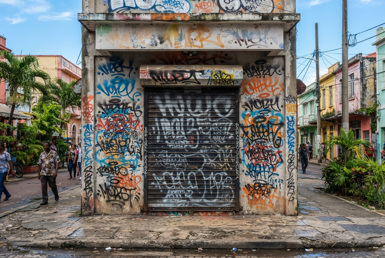 Mur de commerce tagué — avant intervention